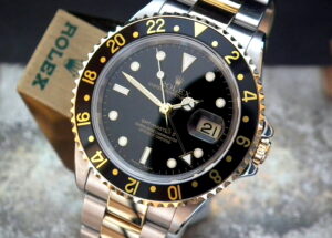 Stunning 2003 Steel and Gold Rolex Oyster GMT Master II 16713 with Rolex Service from November 2022 at Sonning Vintage Watches