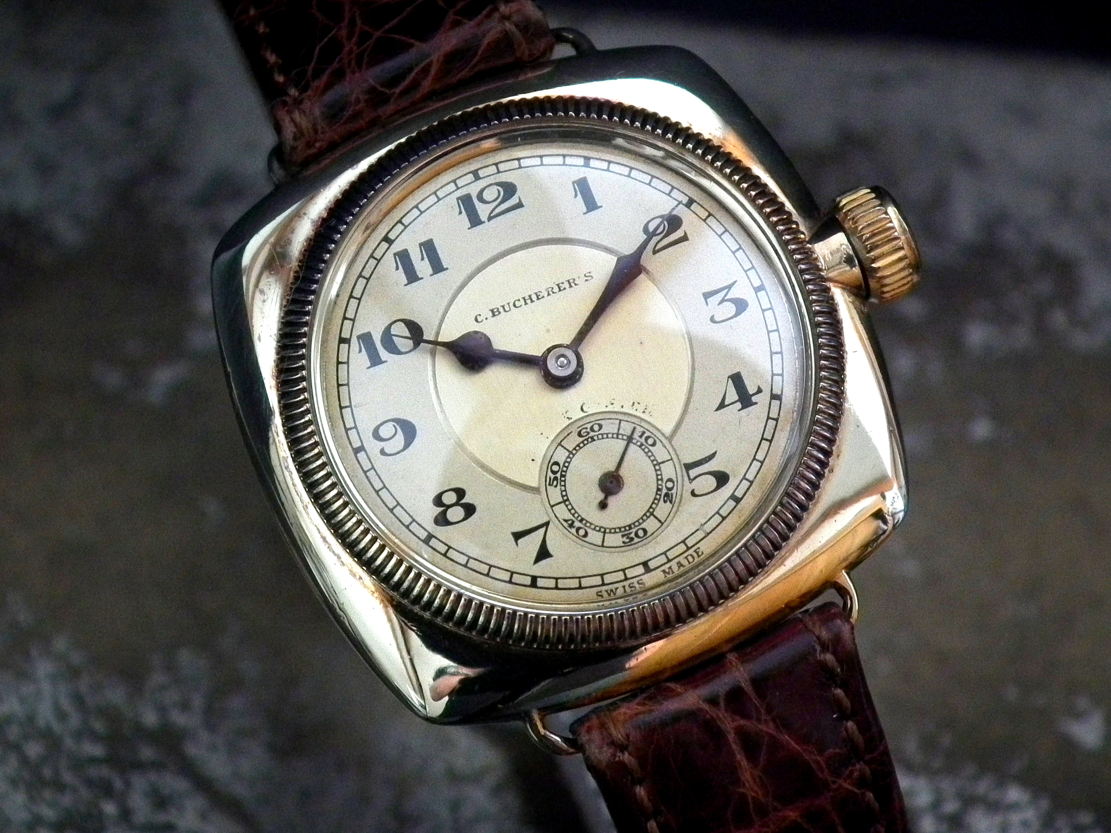 1930’s Large Size Solid 14ct Gold Bucherer Rolex Oyster Cushion Vintage Watch at Sonning Vintage Watches