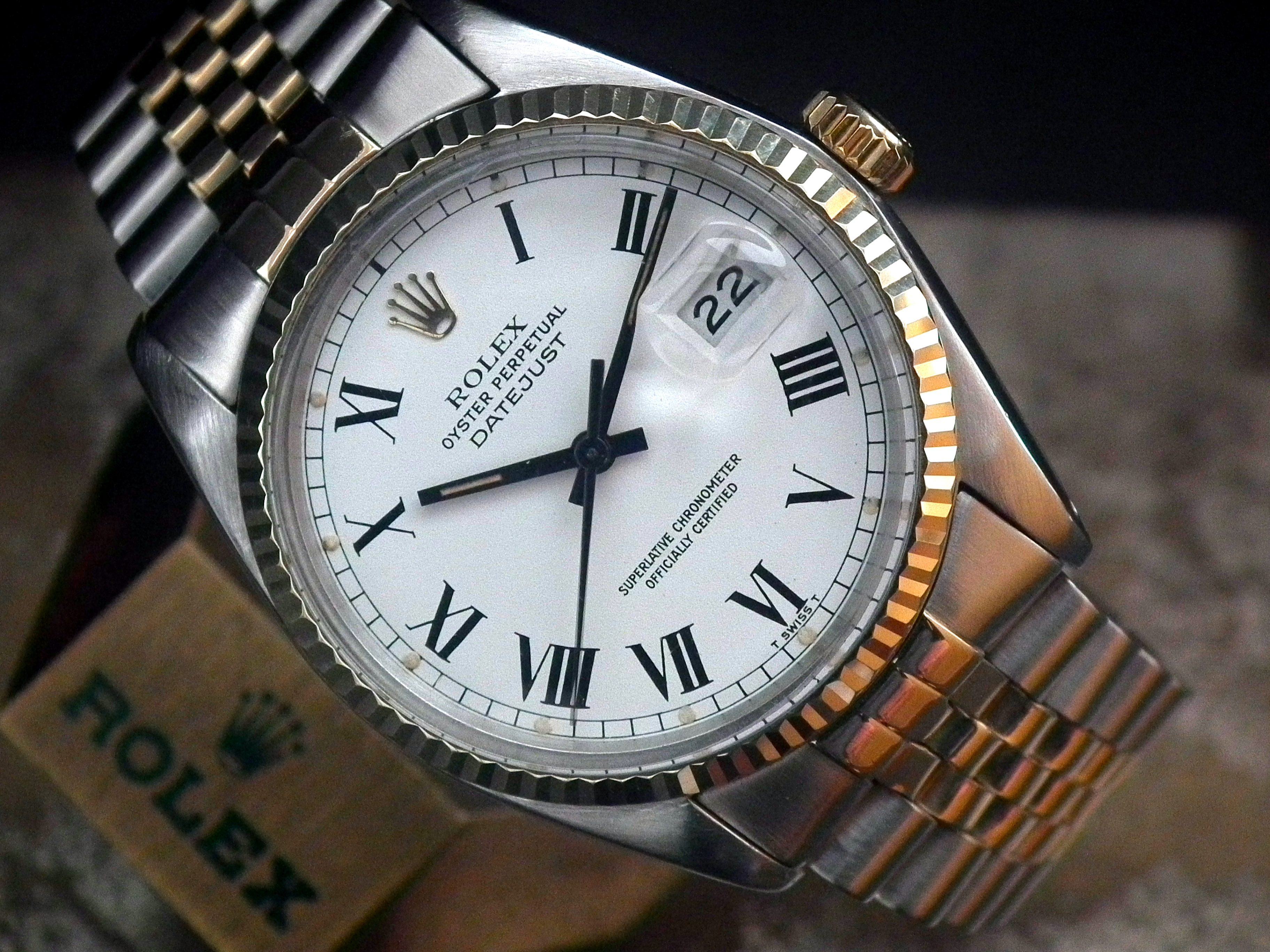 Provisional Listing – Collector Condition 1979 Steel & Solid 14ct Gold Rolex Oyster Datejust Buckley Dial with Punched Papers at Sonning Vintage Watches