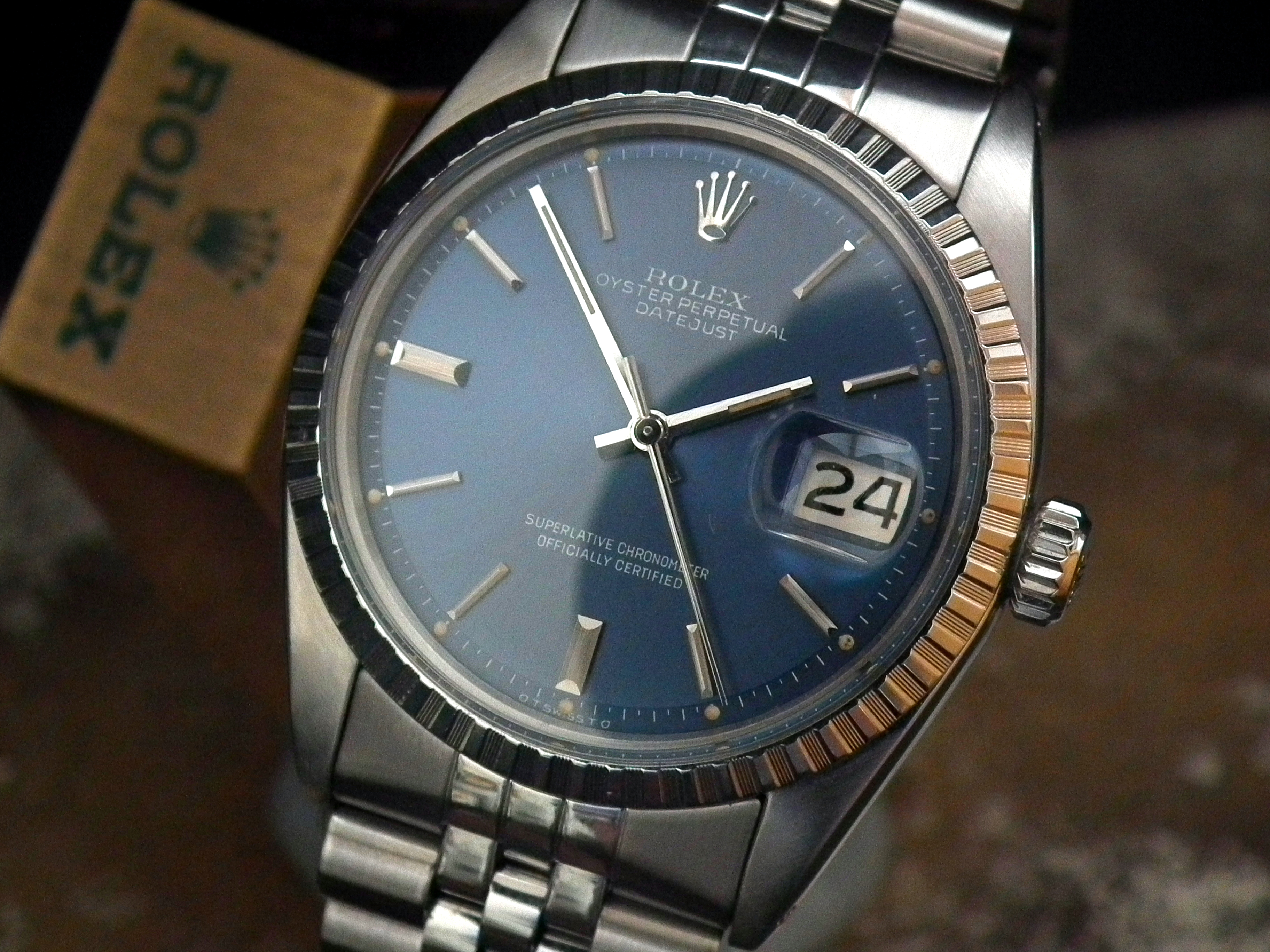 Outstanding and Rare 1972 Blue Dial Rolex Oyster Datejust with Rolex Service (2011) at Sonning Vintage Watches